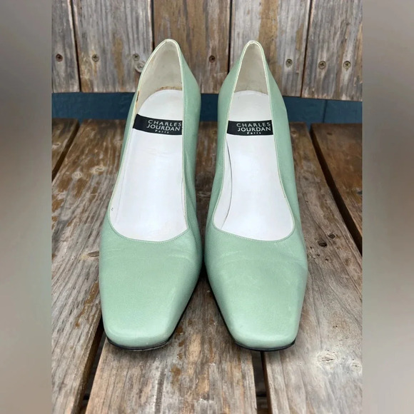Charles Jourdan Seafoam Green Chunky Block Heel Pumps Shoes High Heels Sz 9 Rare - Picture 7 of 9